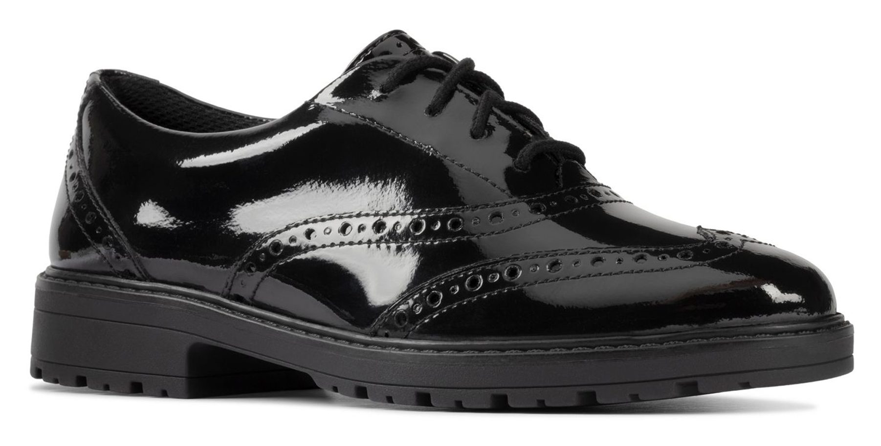 Clarks Loxham Brogue Youth Black Patent 26151595 - Girls School Shoes ...